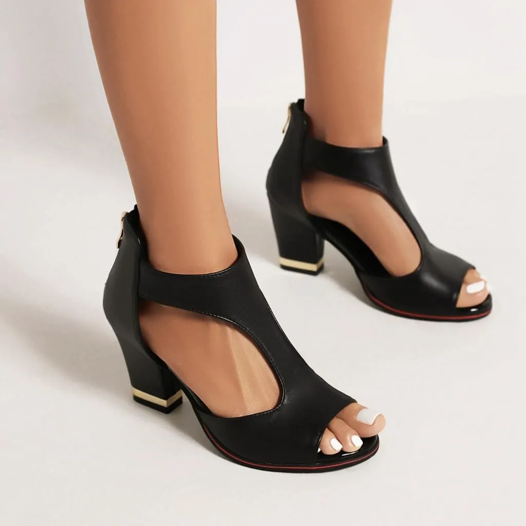 Chunky High Heels Sandals For Womens Peep Toe T-strap Cutout Back Zipper Comfy Dress Heeled Sandals