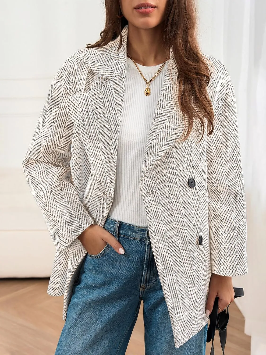 Cicy Bell Womens Oversized Herringbone Pea Coats Double Breasted Mid Length Wool Blend Trench Coat Blazer Jackets