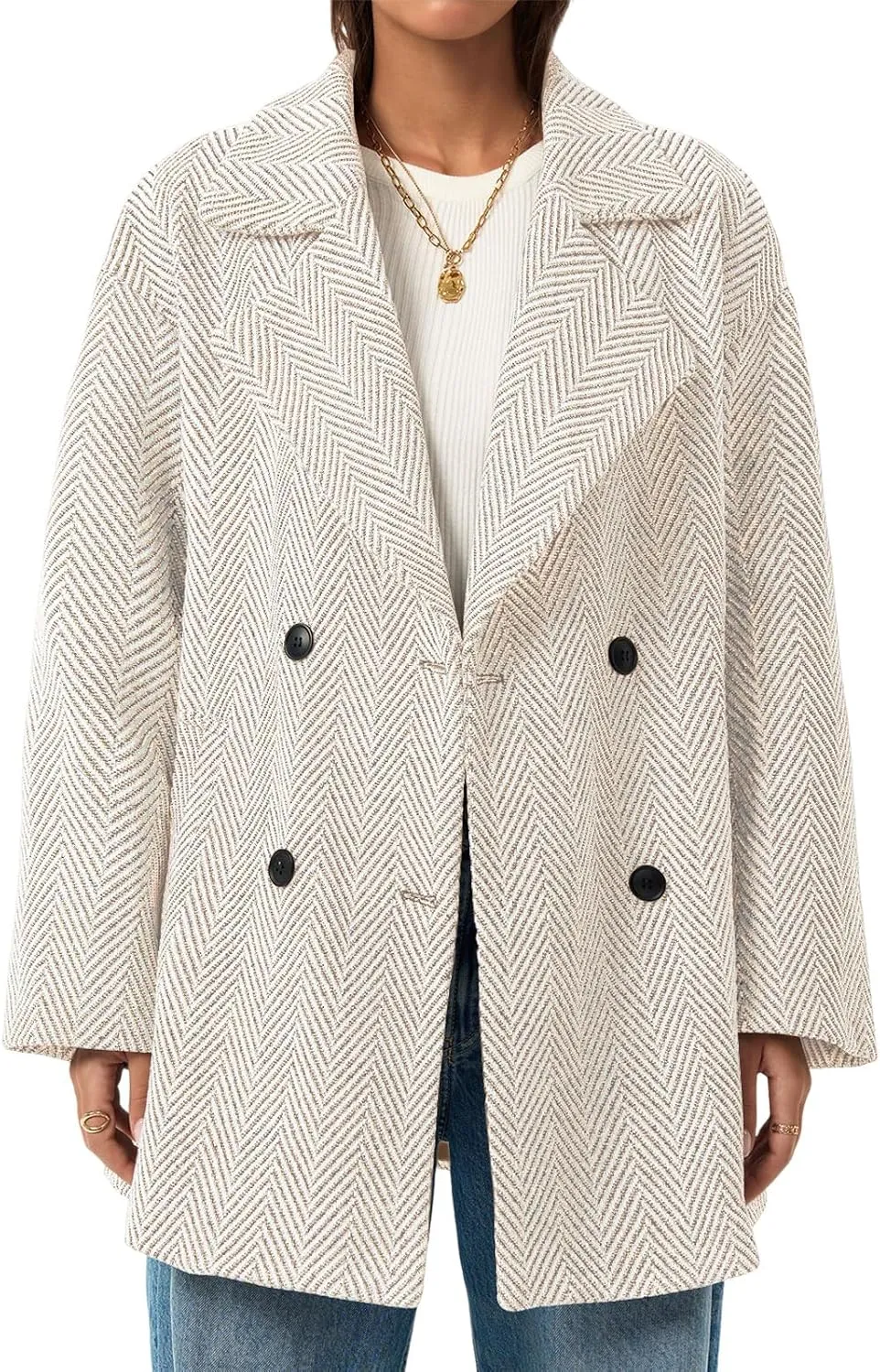 Cicy Bell Womens Oversized Herringbone Pea Coats Double Breasted Mid Length Wool Blend Trench Coat Blazer Jackets