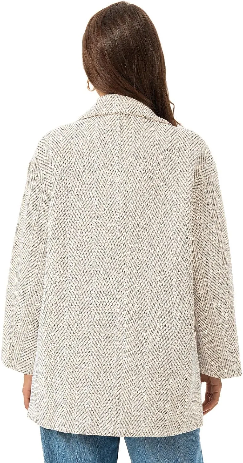 Cicy Bell Womens Oversized Herringbone Pea Coats Double Breasted Mid Length Wool Blend Trench Coat Blazer Jackets