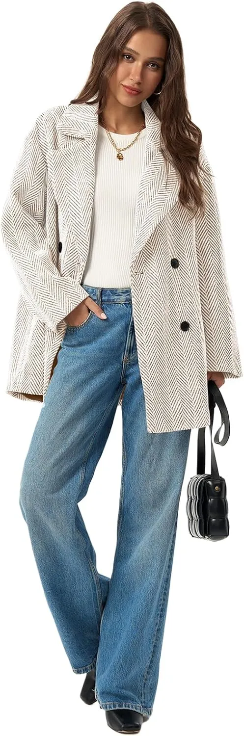 Cicy Bell Womens Oversized Herringbone Pea Coats Double Breasted Mid Length Wool Blend Trench Coat Blazer Jackets