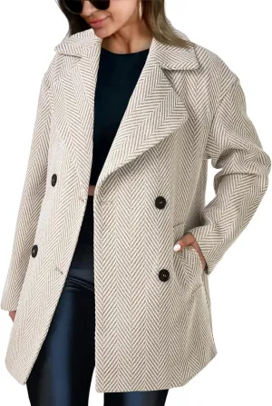Cicy Bell Womens Oversized Herringbone Pea Coats Double Breasted Mid Length Wool Blend Trench Coat Blazer Jackets