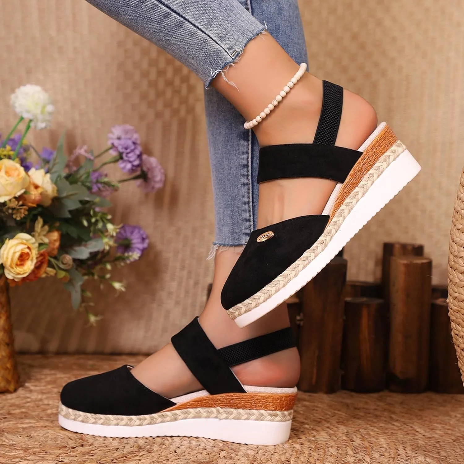 Closed Toe Sandals Women Dressy Heel 2025 Womens Retro Platform Sandal Canvas Summer Dressy Ankle Elastic Strap Wedge Heels Sandals Shoes