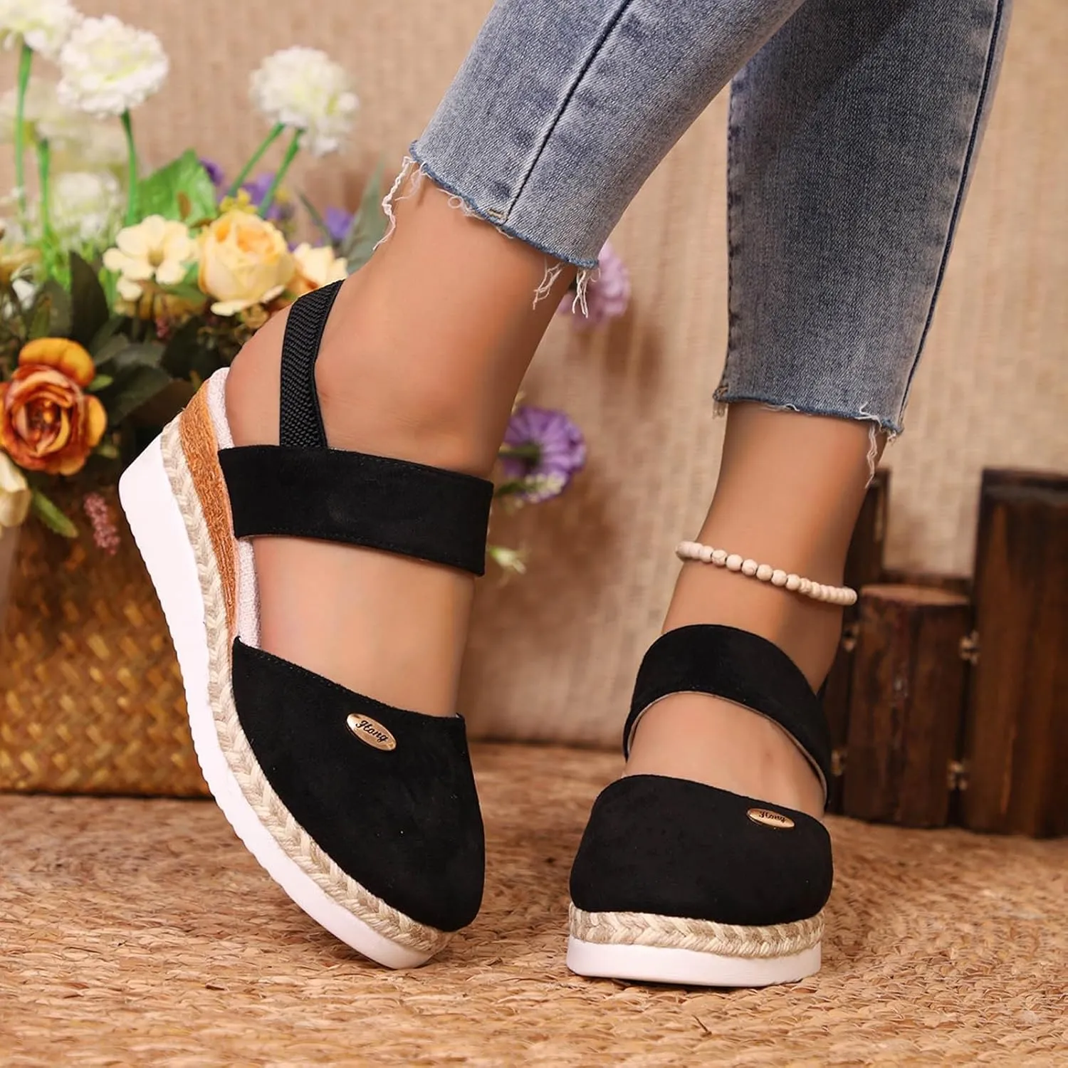 Closed Toe Sandals Women Dressy Heel 2025 Womens Retro Platform Sandal Canvas Summer Dressy Ankle Elastic Strap Wedge Heels Sandals Shoes