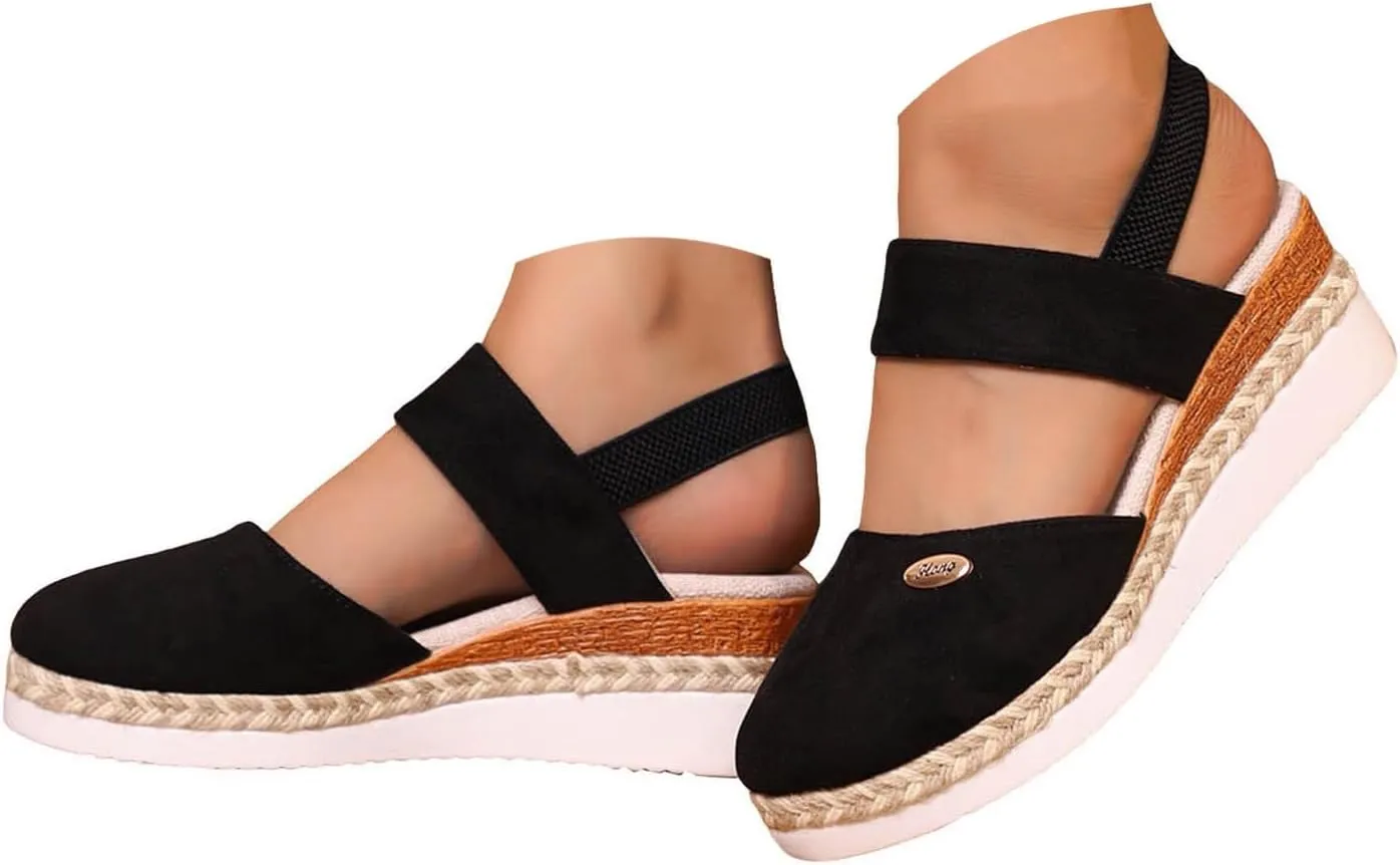 Closed Toe Sandals Women Dressy Heel 2025 Womens Retro Platform Sandal Canvas Summer Dressy Ankle Elastic Strap Wedge Heels Sandals Shoes