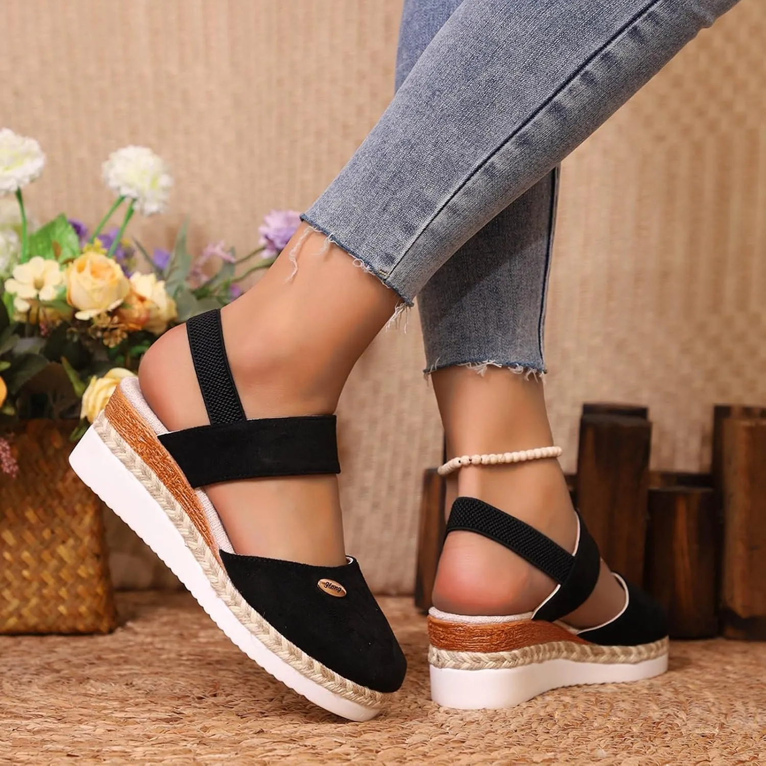 Closed Toe Sandals Women Dressy Heel 2025 Womens Retro Platform Sandal Canvas Summer Dressy Ankle Elastic Strap Wedge Heels Sandals Shoes