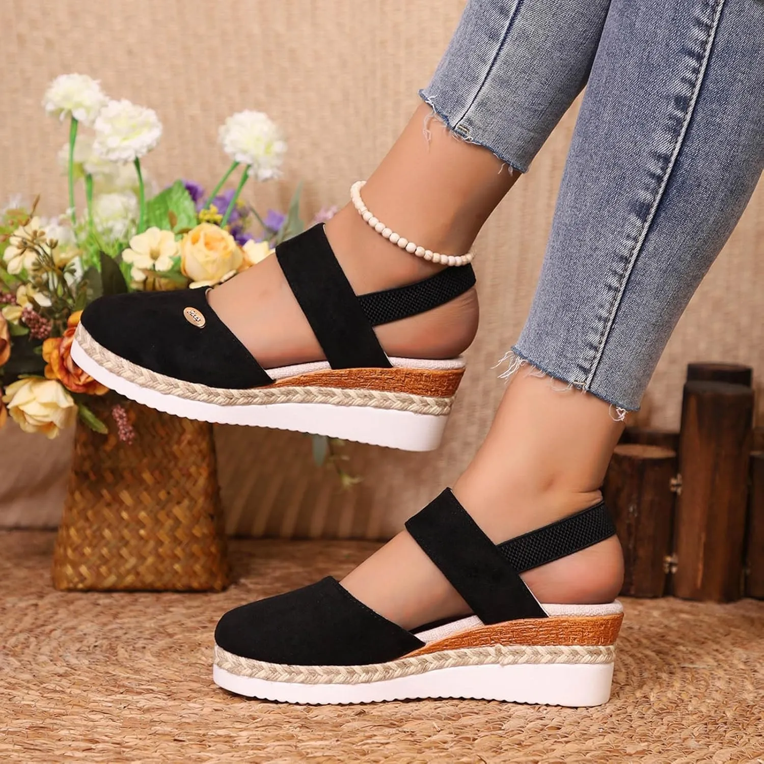 Closed Toe Sandals Women Dressy Heel 2025 Womens Retro Platform Sandal Canvas Summer Dressy Ankle Elastic Strap Wedge Heels Sandals Shoes
