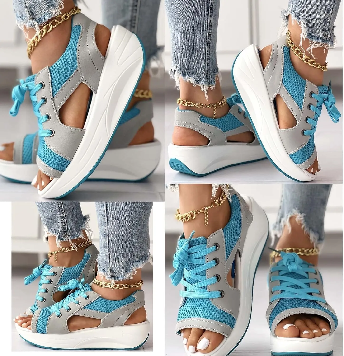 Contrast Paneled Cutout Lace-up Muffin Sandals,2023 Newest Women Causal Summer Toe Platform Sandals Shoes,The Summer Sports Beauty North Shoes