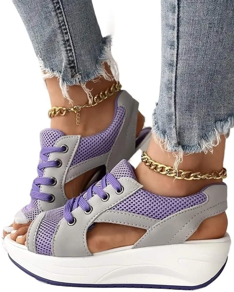 Contrast Paneled Cutout Lace-up Muffin Sandals,2023 Newest Women Causal Summer Toe Platform Sandals Shoes,The Summer Sports Beauty North Shoes