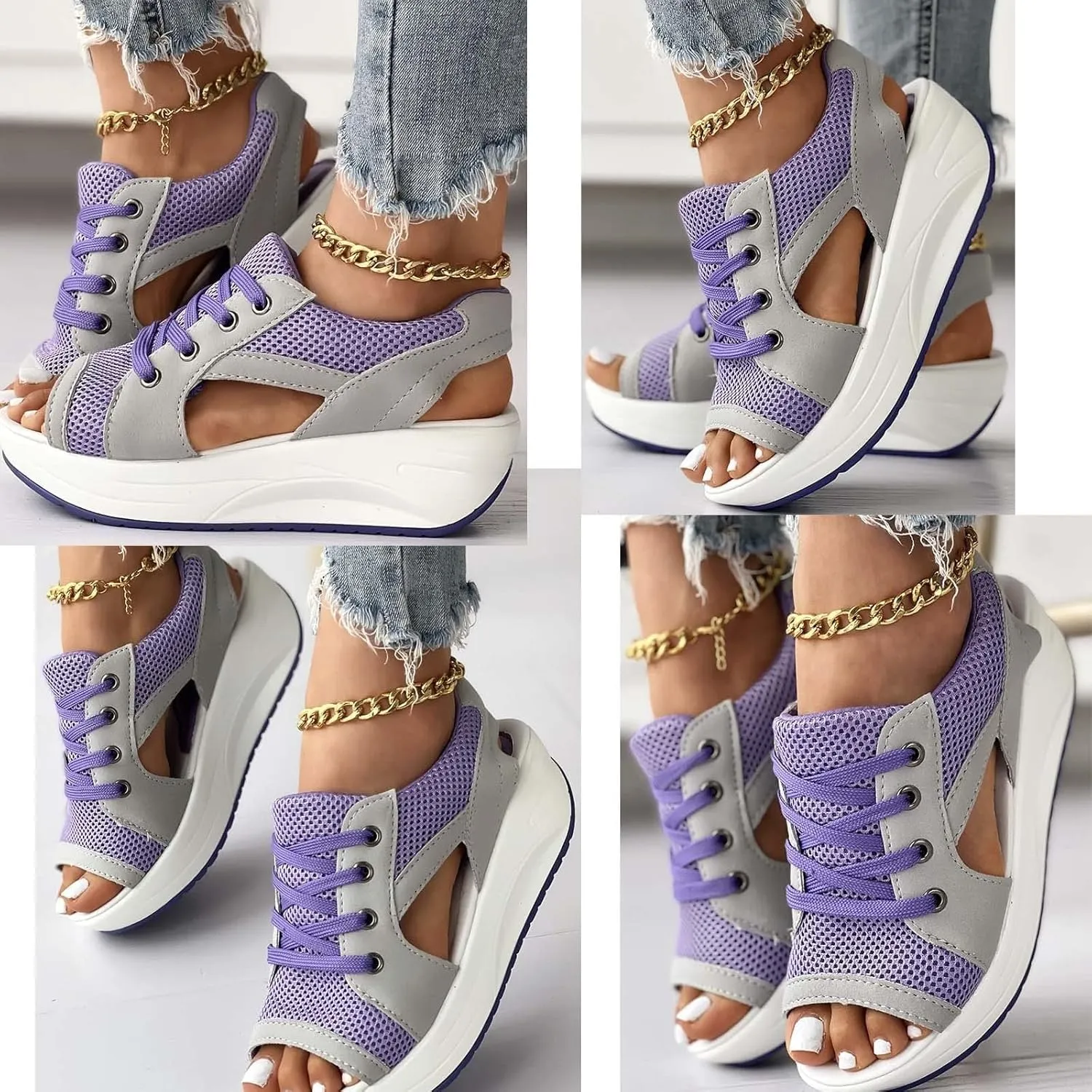Contrast Paneled Cutout Lace-up Muffin Sandals,2023 Newest Women Causal Summer Toe Platform Sandals Shoes,The Summer Sports Beauty North Shoes