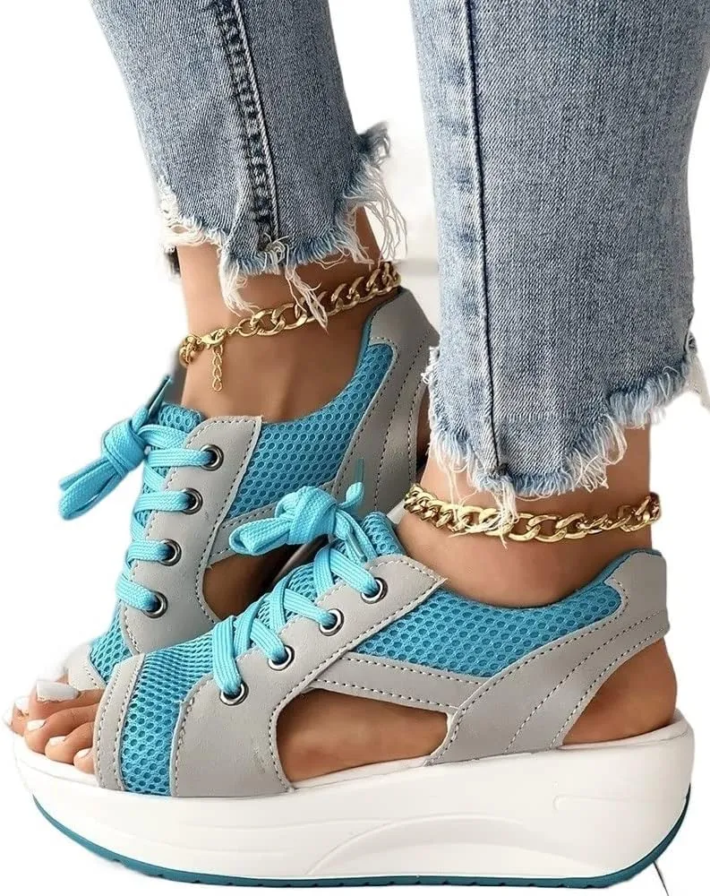 Contrast Paneled Cutout Lace-up Muffin Sandals,2023 Newest Women Causal Summer Toe Platform Sandals Shoes,The Summer Sports Beauty North Shoes