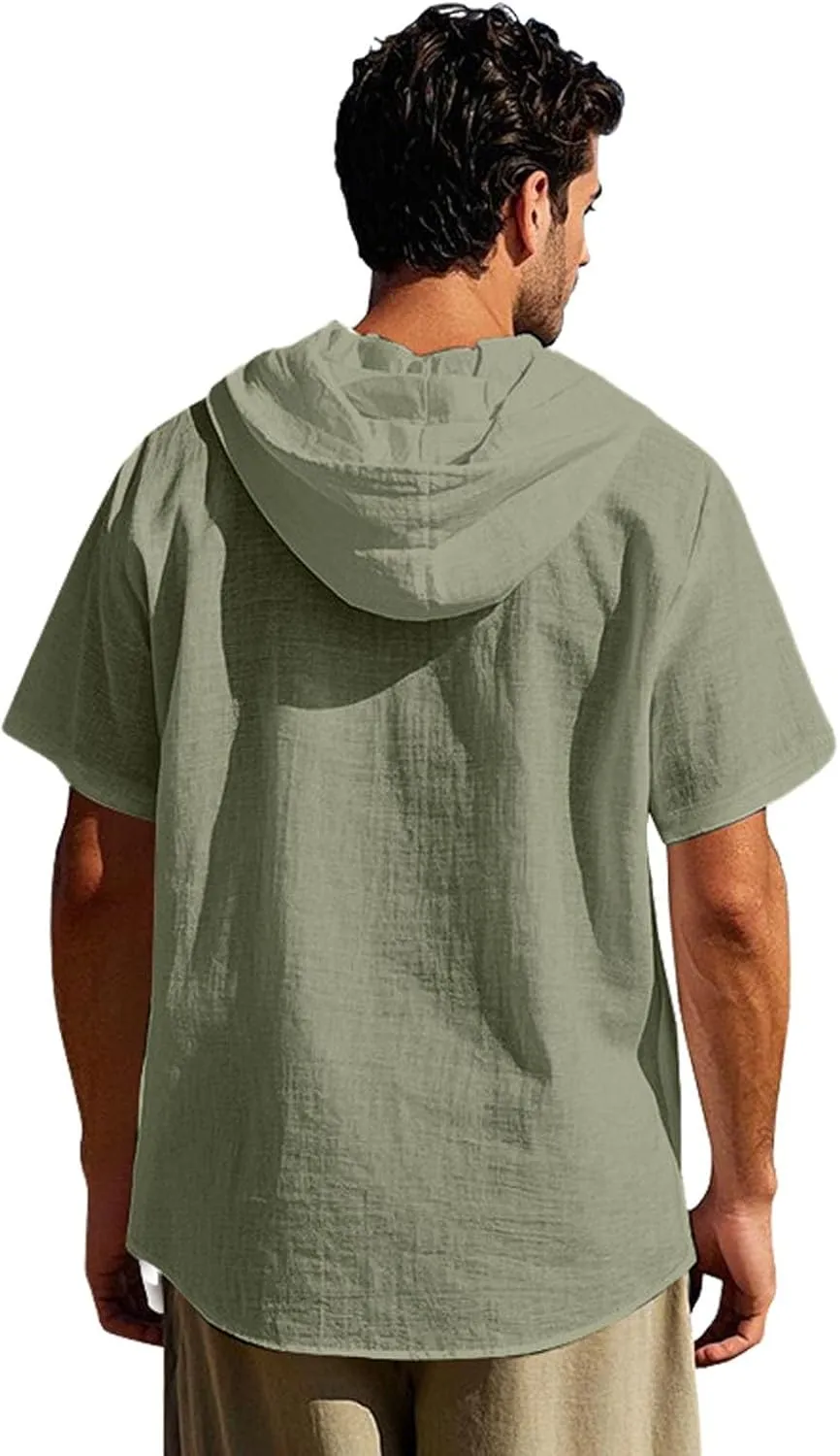Cotton Linen Hoodie for Men Summer Hooded Sleeve Sleeve Button Down Beach Hippie Shirt Casual Lightweight Soft Tops