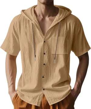 Cotton Linen Hoodie for Men Summer Hooded Sleeve Sleeve Button Down Beach Hippie Shirt Casual Lightweight Soft Tops