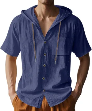 Cotton Linen Hoodie for Men Summer Hooded Sleeve Sleeve Button Down Beach Hippie Shirt Casual Lightweight Soft Tops