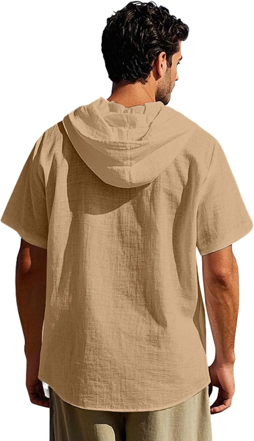 Cotton Linen Hoodie for Men Summer Hooded Sleeve Sleeve Button Down Beach Hippie Shirt Casual Lightweight Soft Tops