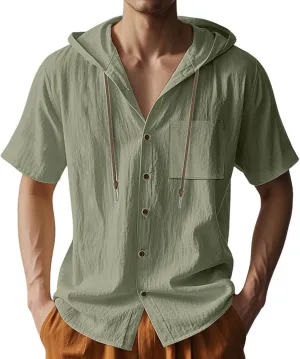 Cotton Linen Hoodie for Men Summer Hooded Sleeve Sleeve Button Down Beach Hippie Shirt Casual Lightweight Soft Tops