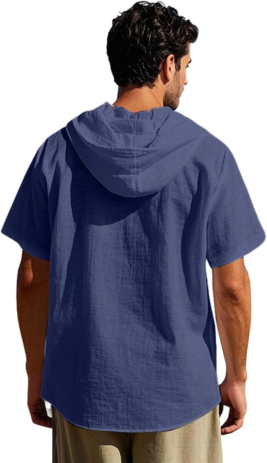 Cotton Linen Hoodie for Men Summer Hooded Sleeve Sleeve Button Down Beach Hippie Shirt Casual Lightweight Soft Tops