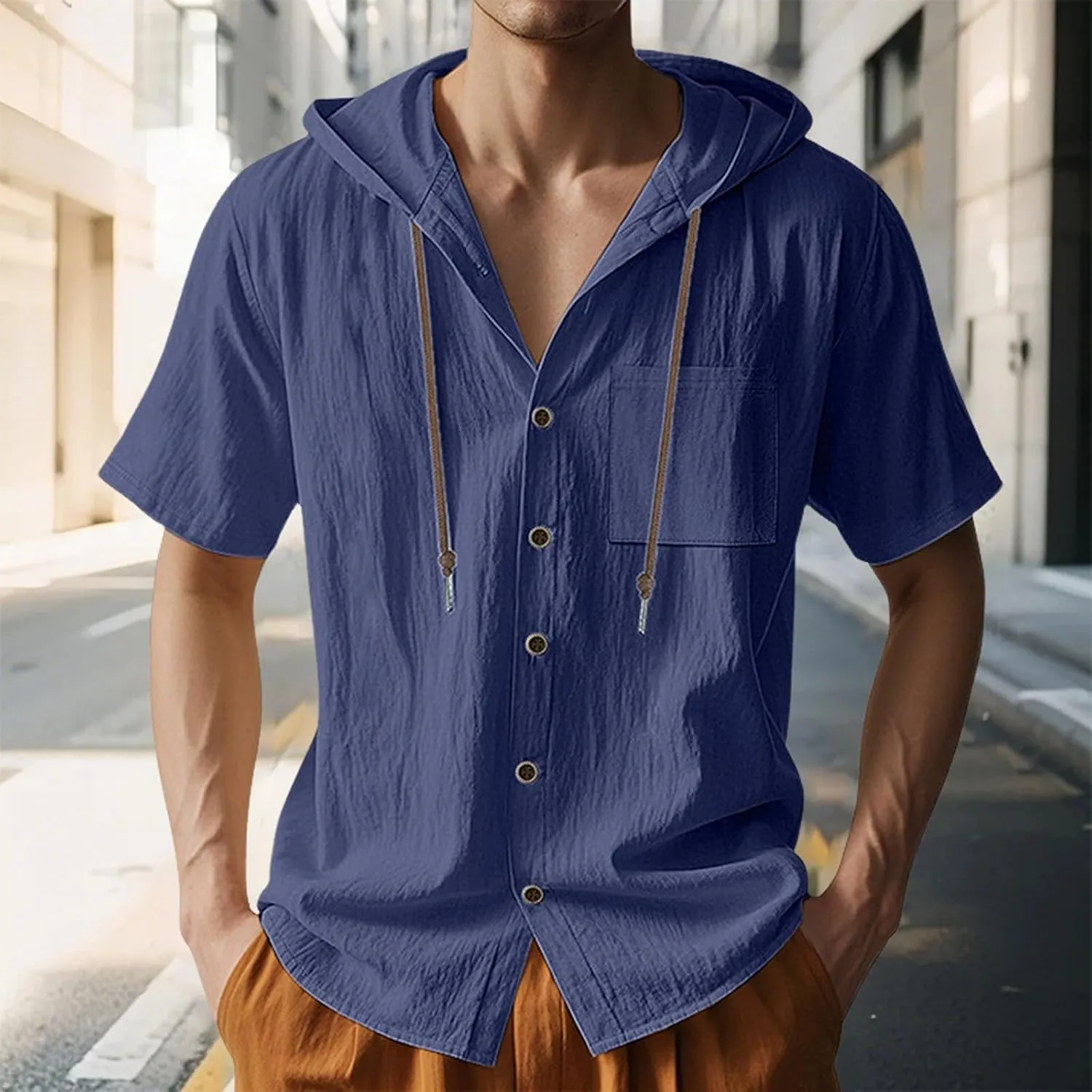Cotton Linen Hoodie for Men Summer Hooded Sleeve Sleeve Button Down Beach Hippie Shirt Casual Lightweight Soft Tops