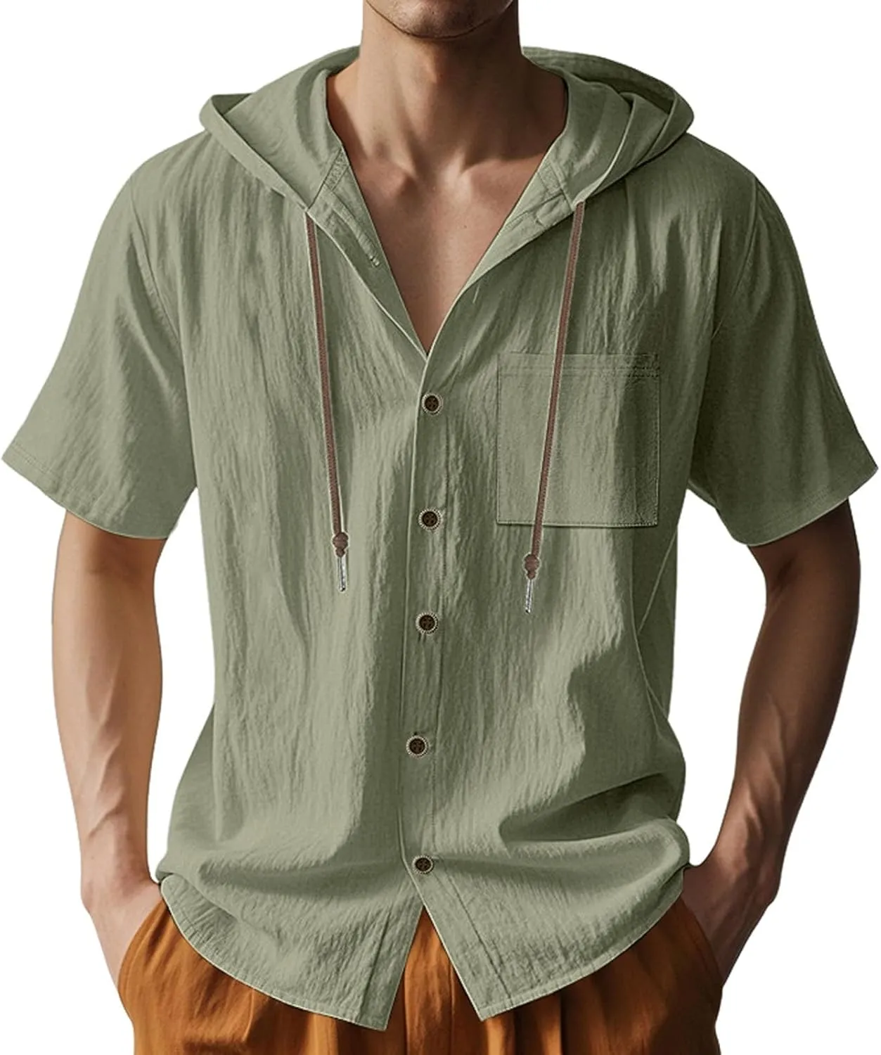 Cotton Linen Hoodie for Men Summer Hooded Sleeve Sleeve Button Down Beach Hippie Shirt Casual Lightweight Soft Tops
