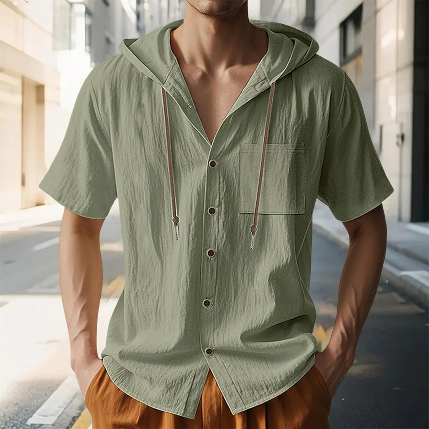 Cotton Linen Hoodie for Men Summer Hooded Sleeve Sleeve Button Down Beach Hippie Shirt Casual Lightweight Soft Tops