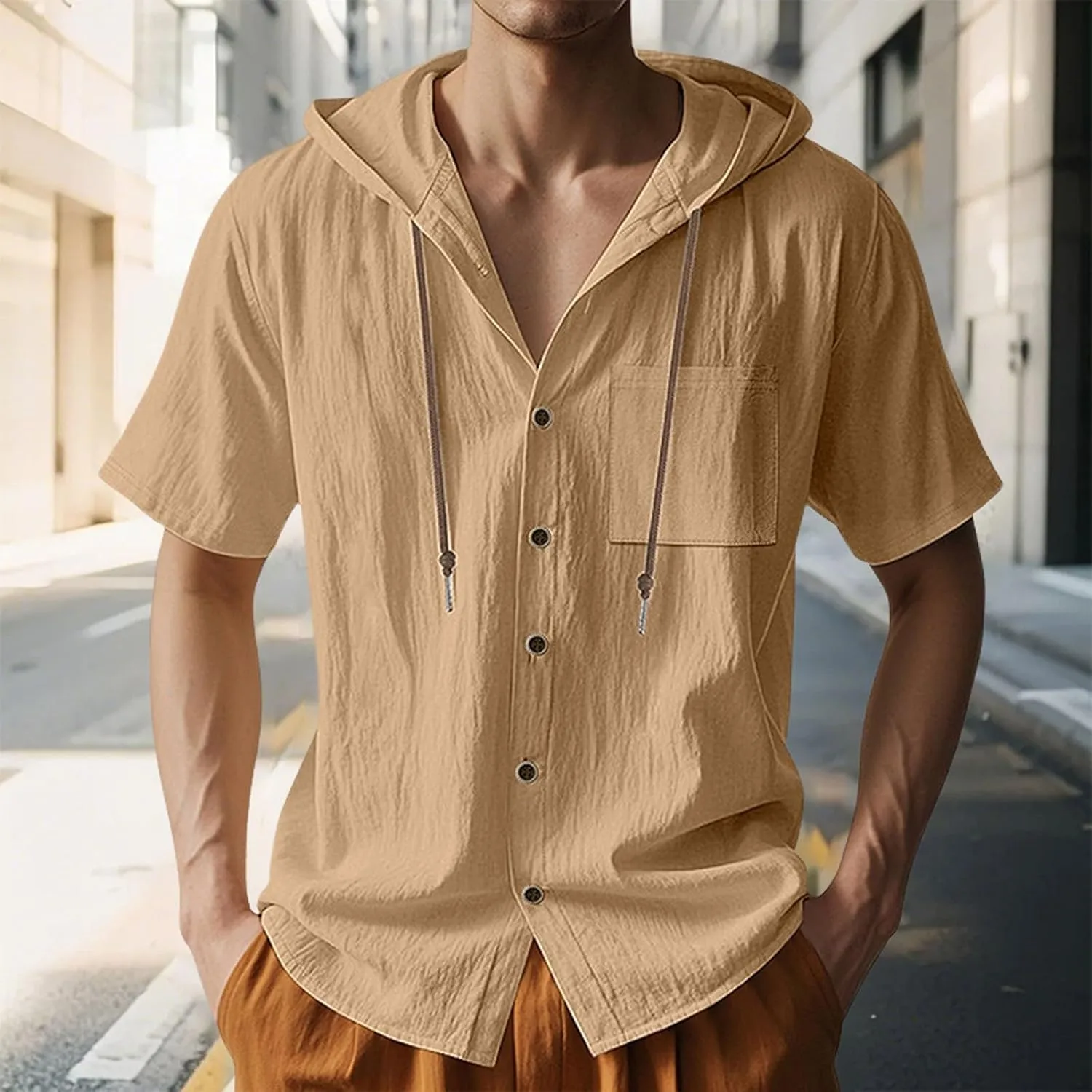 Cotton Linen Hoodie for Men Summer Hooded Sleeve Sleeve Button Down Beach Hippie Shirt Casual Lightweight Soft Tops