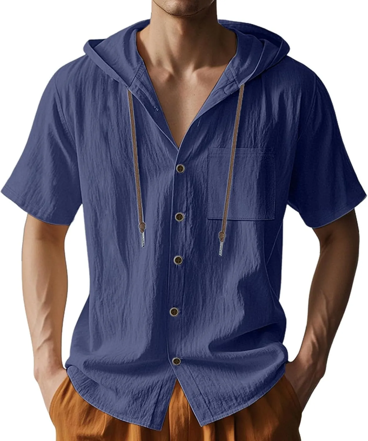 Cotton Linen Hoodie for Men Summer Hooded Sleeve Sleeve Button Down Beach Hippie Shirt Casual Lightweight Soft Tops
