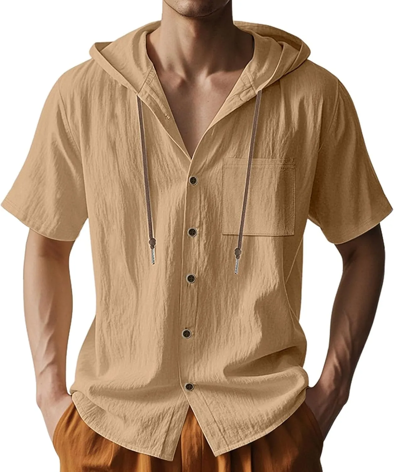 Cotton Linen Hoodie for Men Summer Hooded Sleeve Sleeve Button Down Beach Hippie Shirt Casual Lightweight Soft Tops