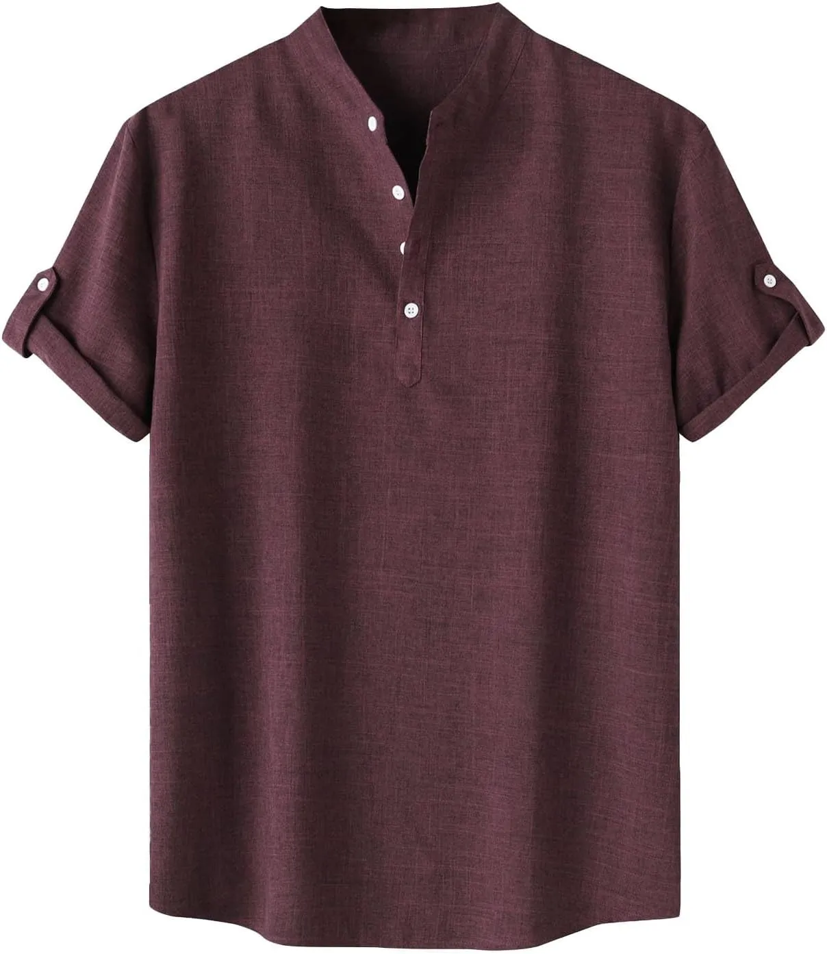 Cotton Linen Shirts for Men Summer Lightweight Casual Short Sleeve T Shirts Banded Collar Henley Tops Beach Vacation