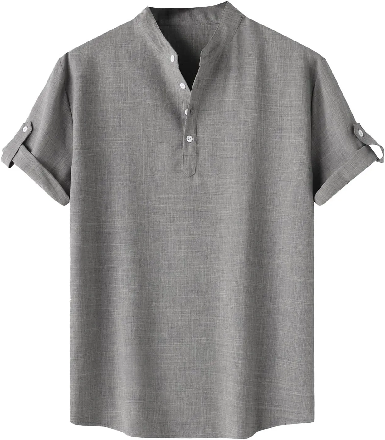 Cotton Linen Shirts for Men Summer Lightweight Casual Short Sleeve T Shirts Banded Collar Henley Tops Beach Vacation