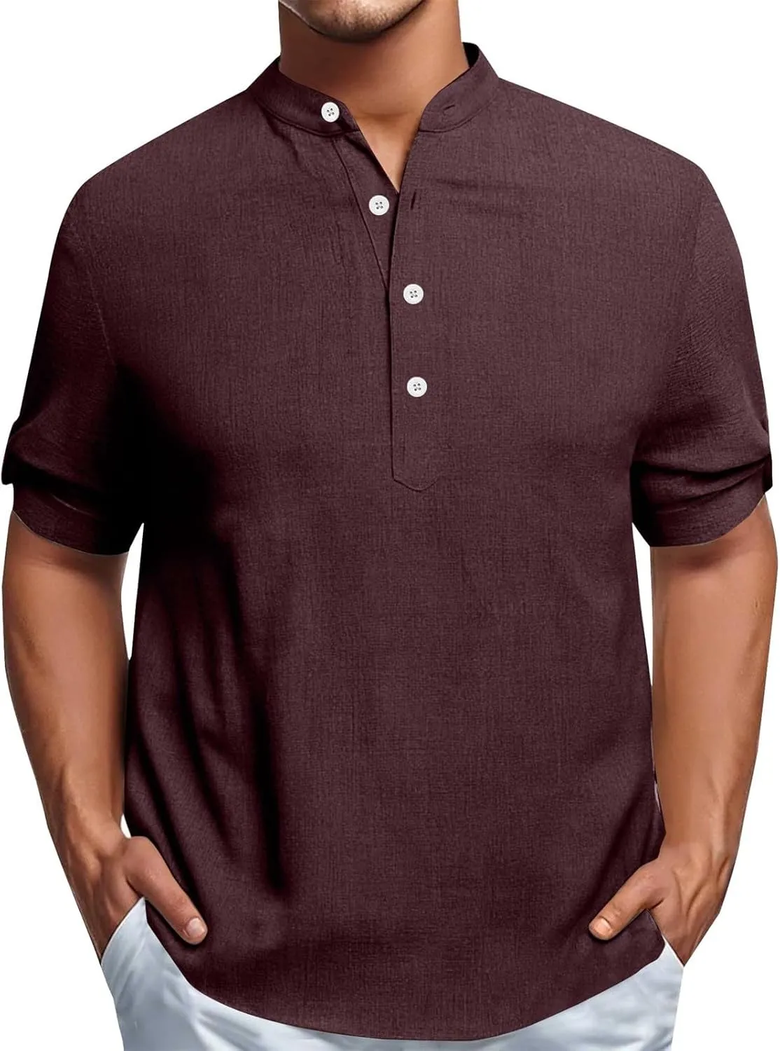 Cotton Linen Shirts for Men Summer Lightweight Casual Short Sleeve T Shirts Banded Collar Henley Tops Beach Vacation
