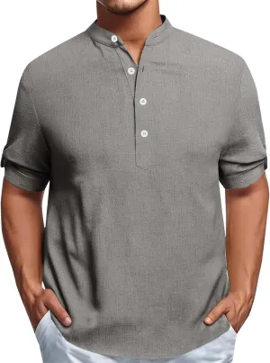 Cotton Linen Shirts for Men Summer Lightweight Casual Short Sleeve T Shirts Banded Collar Henley Tops Beach Vacation