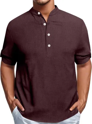 Cotton Linen Shirts for Men Summer Lightweight Casual Short Sleeve T Shirts Banded Collar Henley Tops Beach Vacation