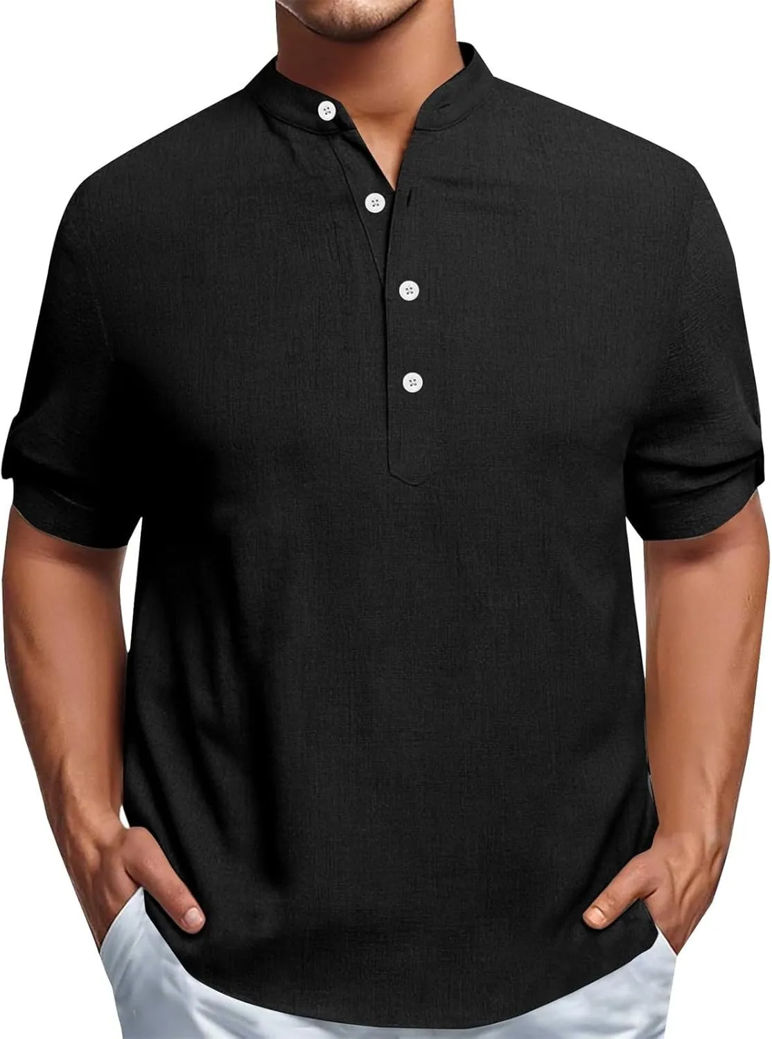 Cotton Linen Shirts for Men Summer Lightweight Casual Short Sleeve T Shirts Banded Collar Henley Tops Beach Vacation