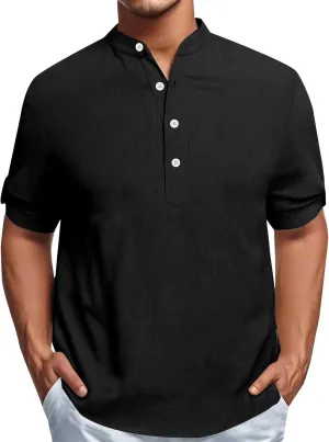 Cotton Linen Shirts for Men Summer Lightweight Casual Short Sleeve T Shirts Banded Collar Henley Tops Beach Vacation