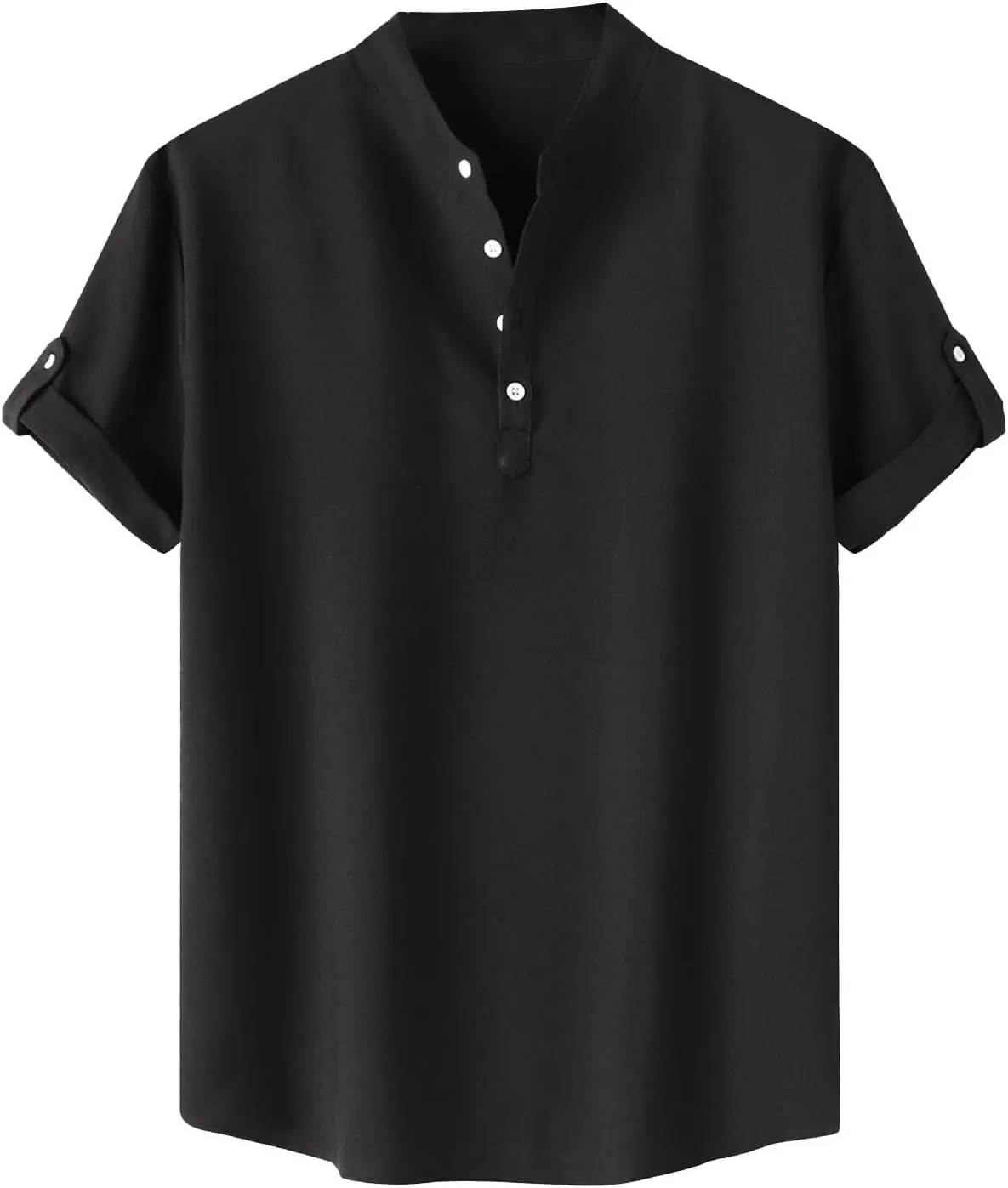 Cotton Linen Shirts for Men Summer Lightweight Casual Short Sleeve T Shirts Banded Collar Henley Tops Beach Vacation