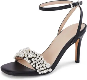 Coutgo Women's Open Toe Heeled Sandals Pearl Strap Stiletto Heel Ankle Buckle Strap Summer Shoes Pumps
