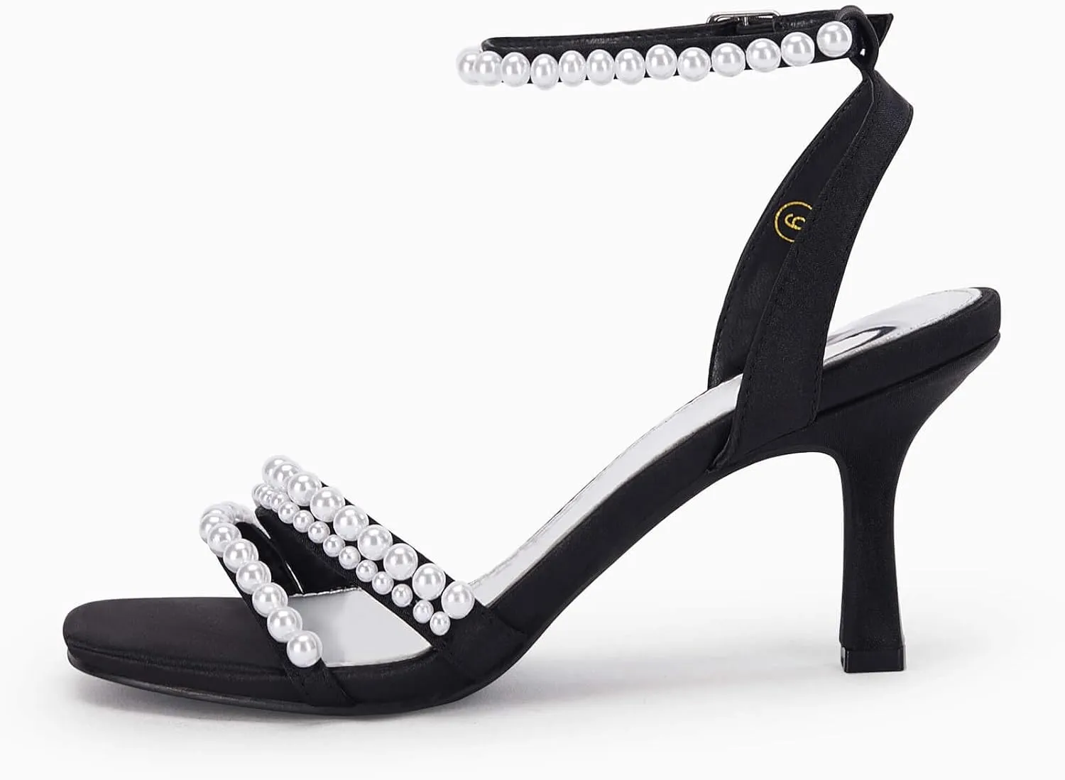 Coutgo Womens Pearl Kitten Heels Sandals Square Open Toe Dress Sandals Ankle Strap Satin Wedding Party Summer Sandals
