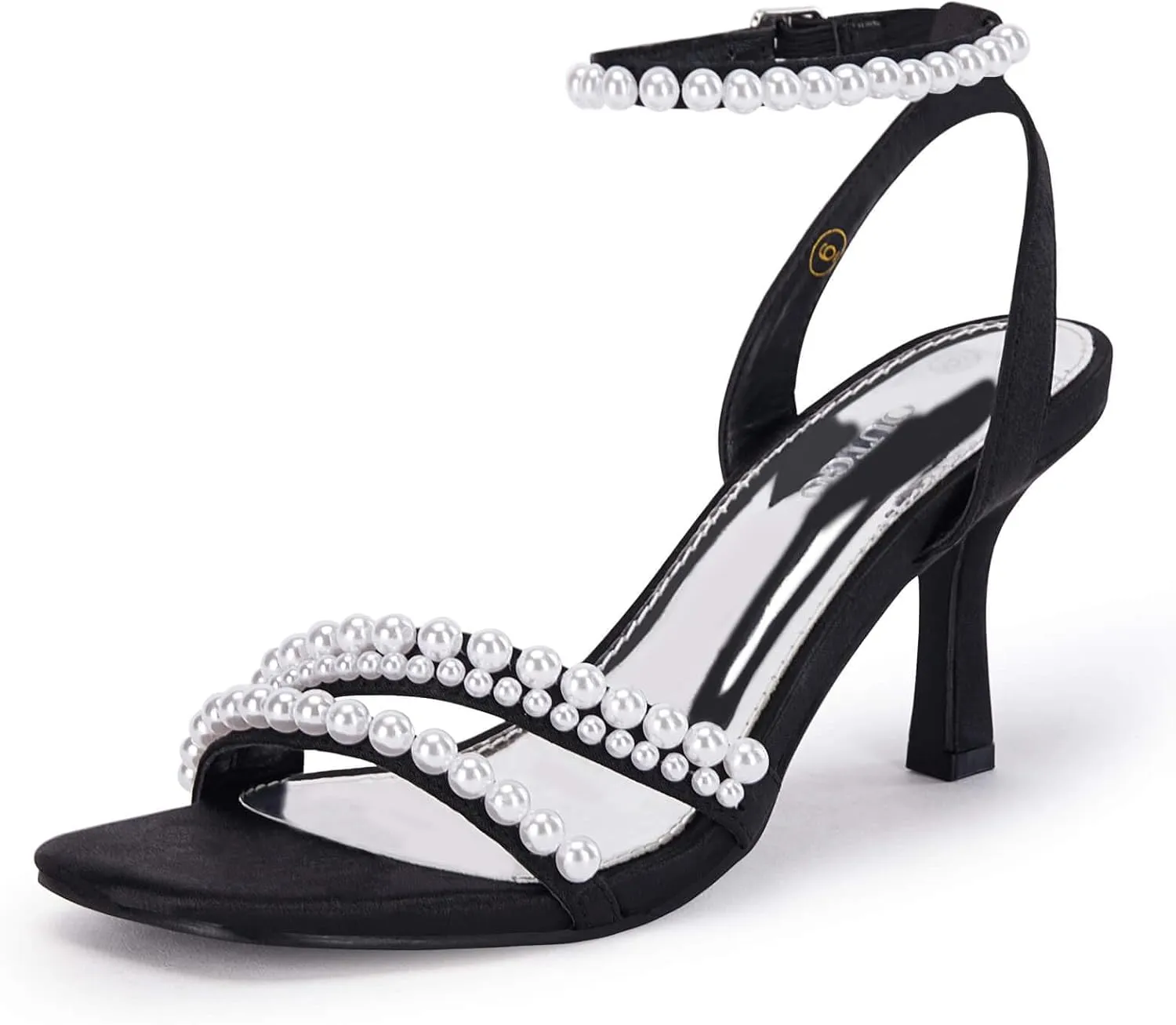 Coutgo Womens Pearl Kitten Heels Sandals Square Open Toe Dress Sandals Ankle Strap Satin Wedding Party Summer Sandals