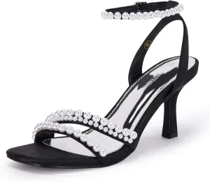 Coutgo Womens Pearl Kitten Heels Sandals Square Open Toe Dress Sandals Ankle Strap Satin Wedding Party Summer Sandals