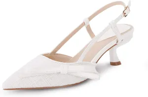 Coutgo Women's Slingback Low Kitten Heels Closed Pointed Toe Bow Pumps Wedding Dress Shoes