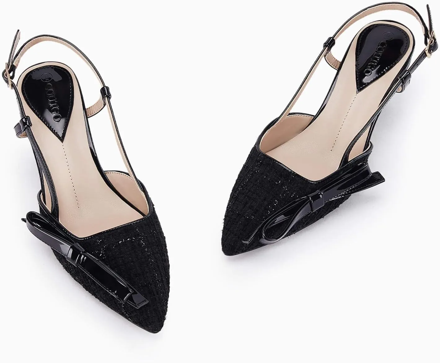 Coutgo Women's Slingback Low Kitten Heels Closed Pointed Toe Bow Pumps Wedding Dress Shoes