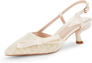 Coutgo Women's Slingback Low Kitten Heels Closed Pointed Toe Bow Pumps Wedding Dress Shoes