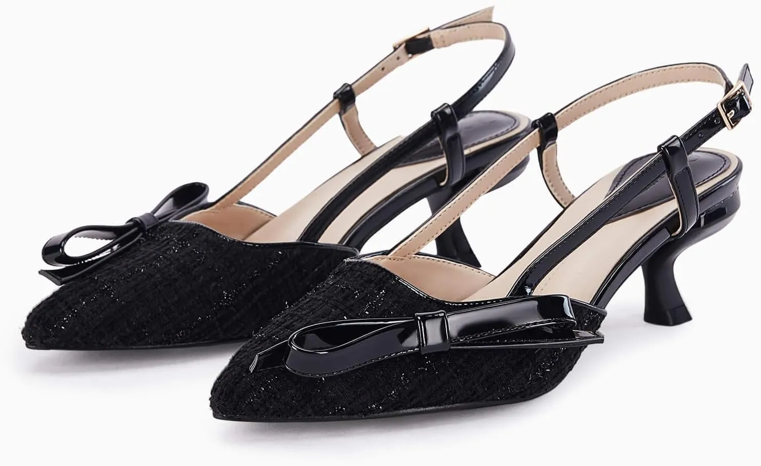 Coutgo Women's Slingback Low Kitten Heels Closed Pointed Toe Bow Pumps Wedding Dress Shoes