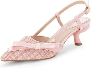 Coutgo Women's Slingback Low Kitten Heels Closed Pointed Toe Bow Pumps Wedding Dress Shoes