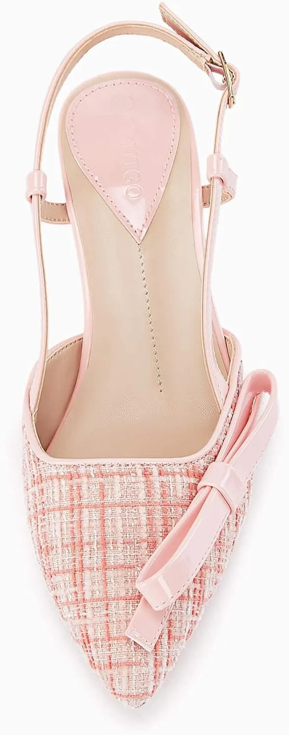 Coutgo Women's Slingback Low Kitten Heels Closed Pointed Toe Bow Pumps Wedding Dress Shoes