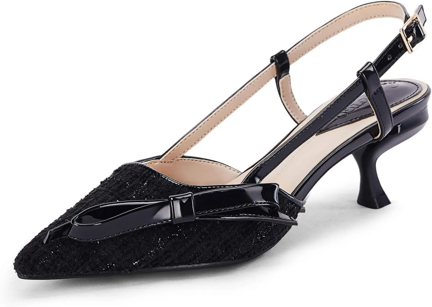 Coutgo Women's Slingback Low Kitten Heels Closed Pointed Toe Bow Pumps Wedding Dress Shoes