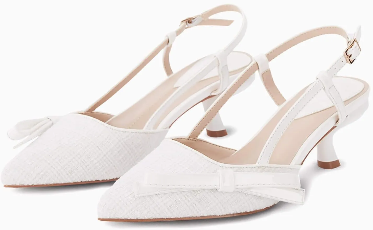 Coutgo Women's Slingback Low Kitten Heels Closed Pointed Toe Bow Pumps Wedding Dress Shoes