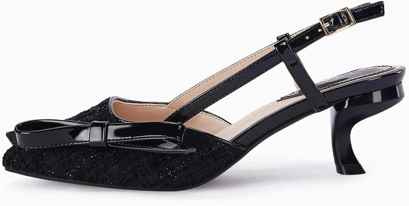 Coutgo Women's Slingback Low Kitten Heels Closed Pointed Toe Bow Pumps Wedding Dress Shoes