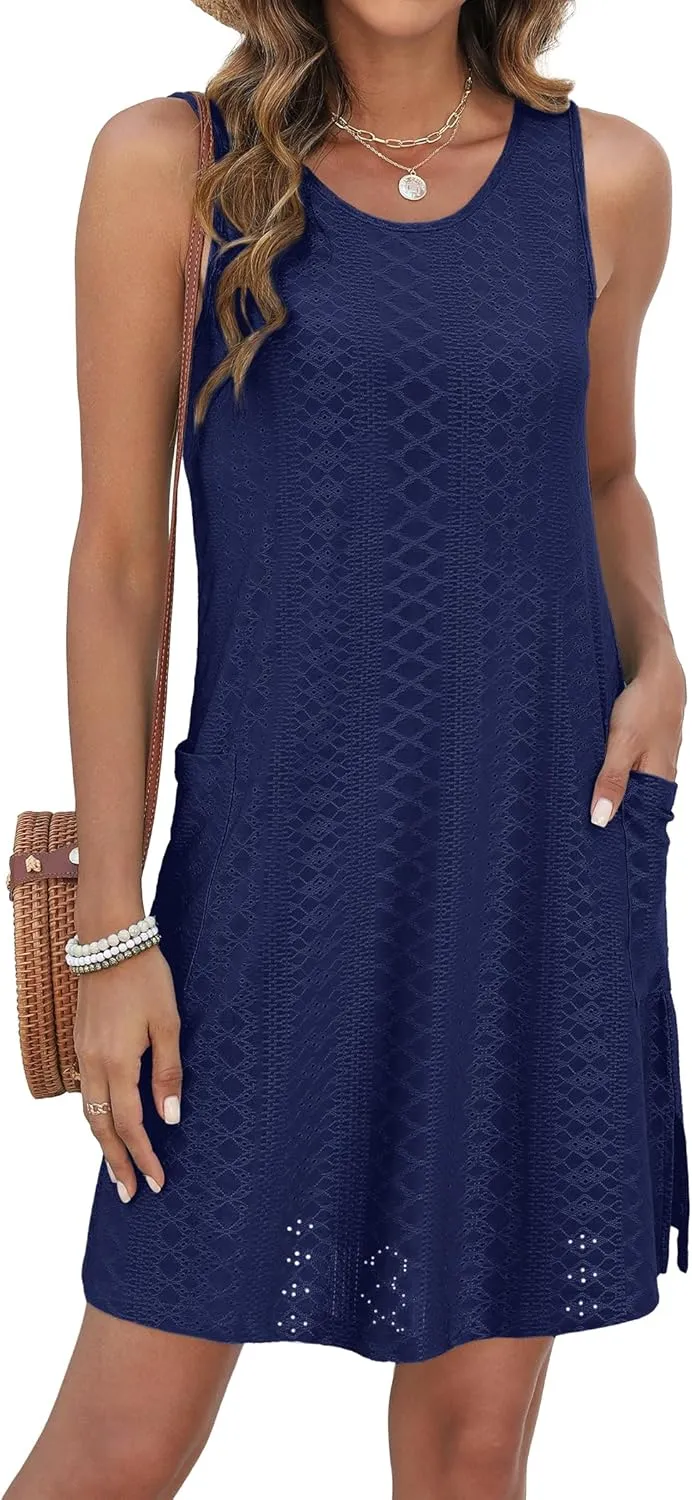 Coverup Summer Dresses for Women 2025 Eyelet Casual Loose Sleeveless Sundresses Tank Dresses with Pockets