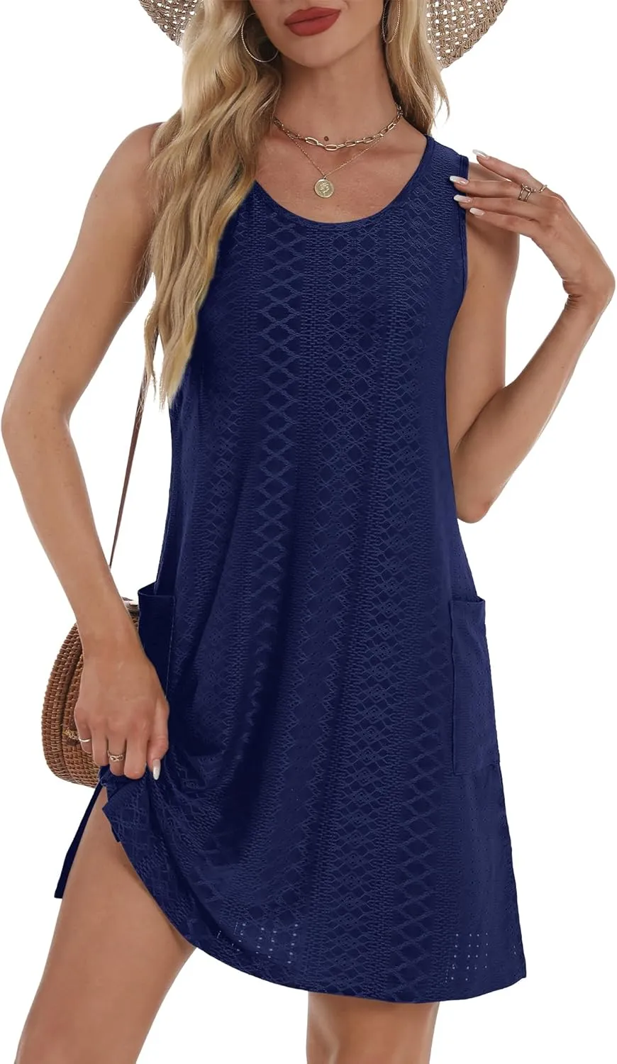 Coverup Summer Dresses for Women 2025 Eyelet Casual Loose Sleeveless Sundresses Tank Dresses with Pockets